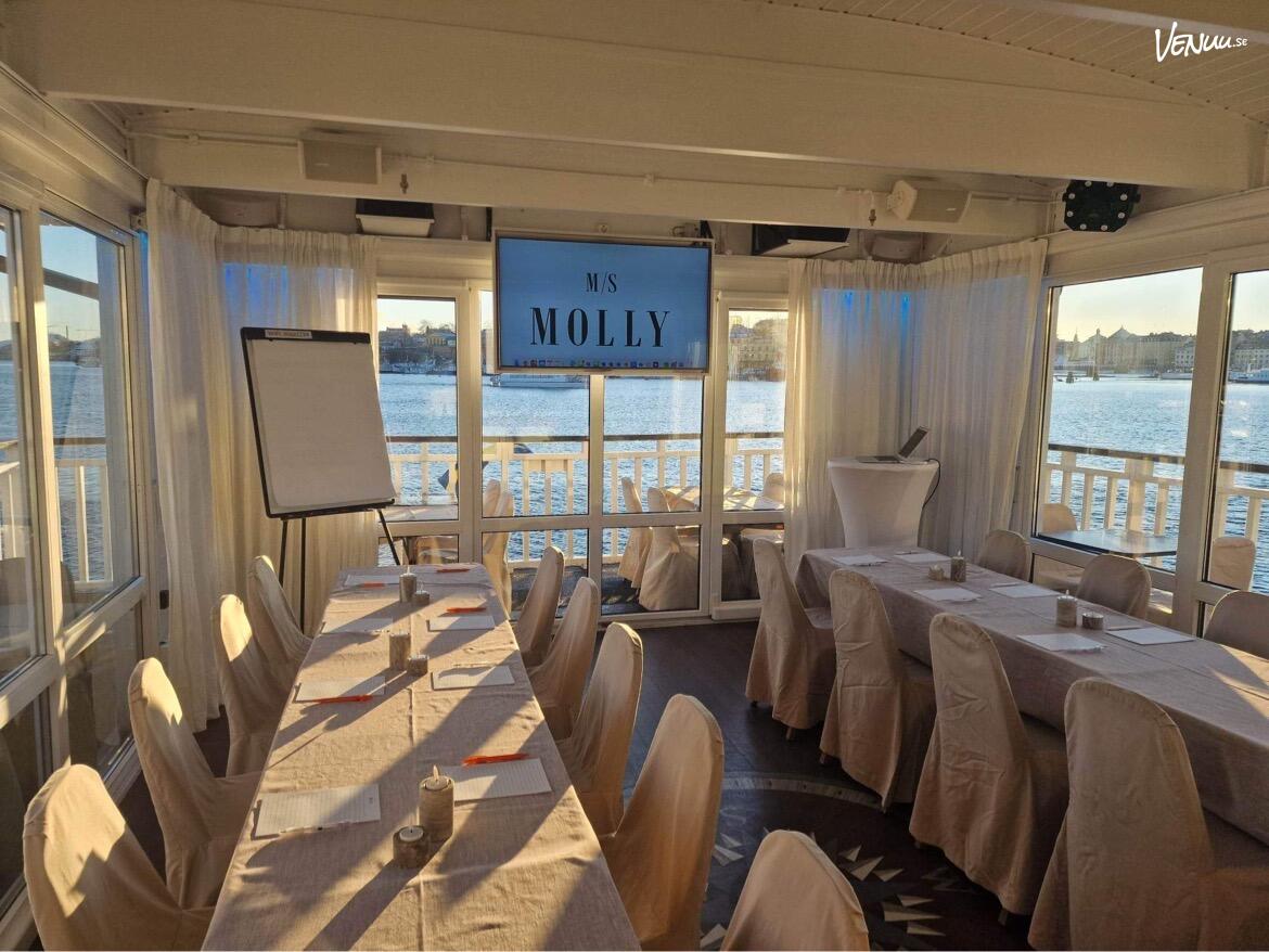 Charmig båt, M/S Molly, på Stockholms vatten med sittgrupper och stadsvy.