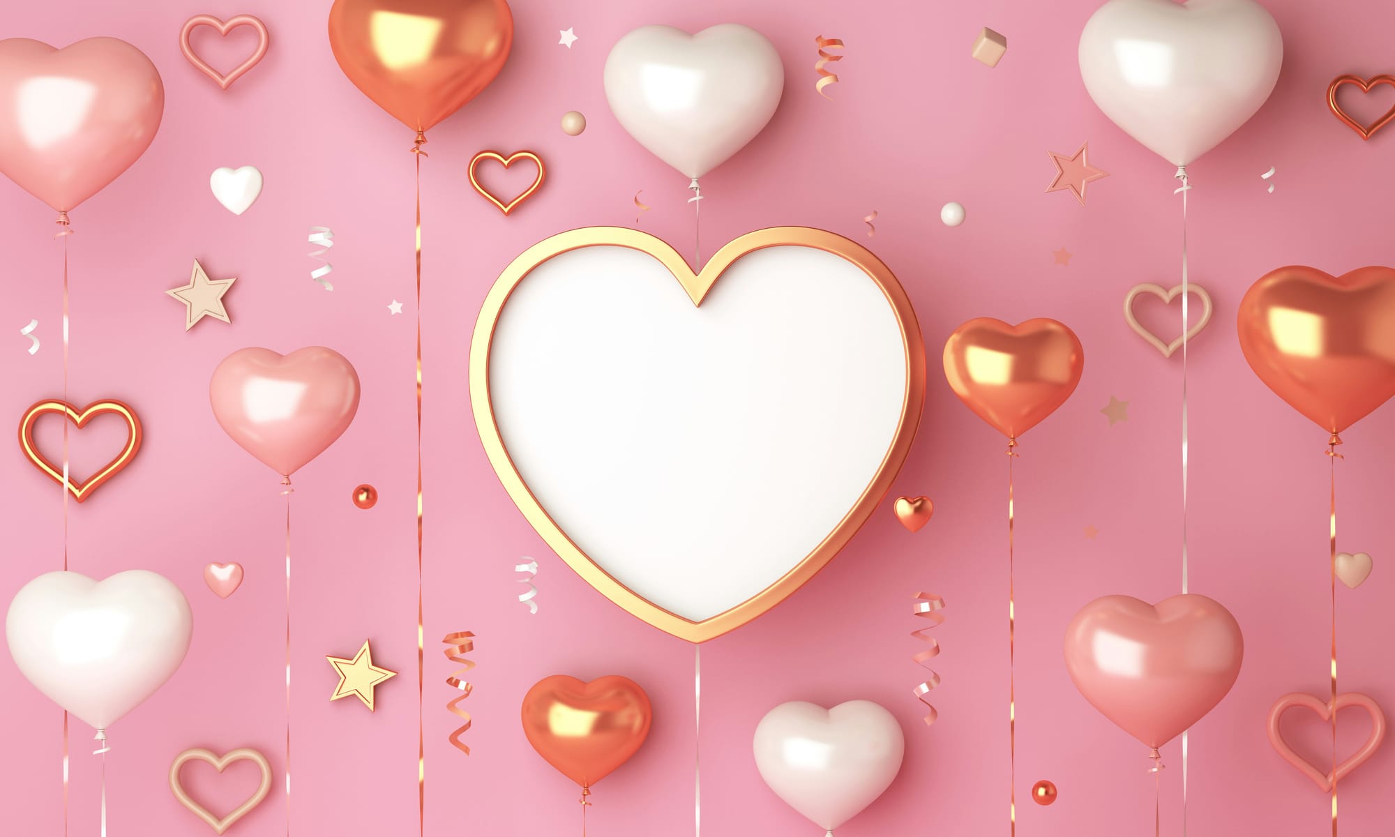 Festlig dekoration med hjärtformade ballonger i rosa och guld – perfekt inspiration för alla hjärtans dag fest idéer med romantiskt tema